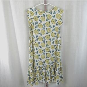 Dip Medium Flounce Dress Sleeveless White with Yellow and Green Flowers Linen